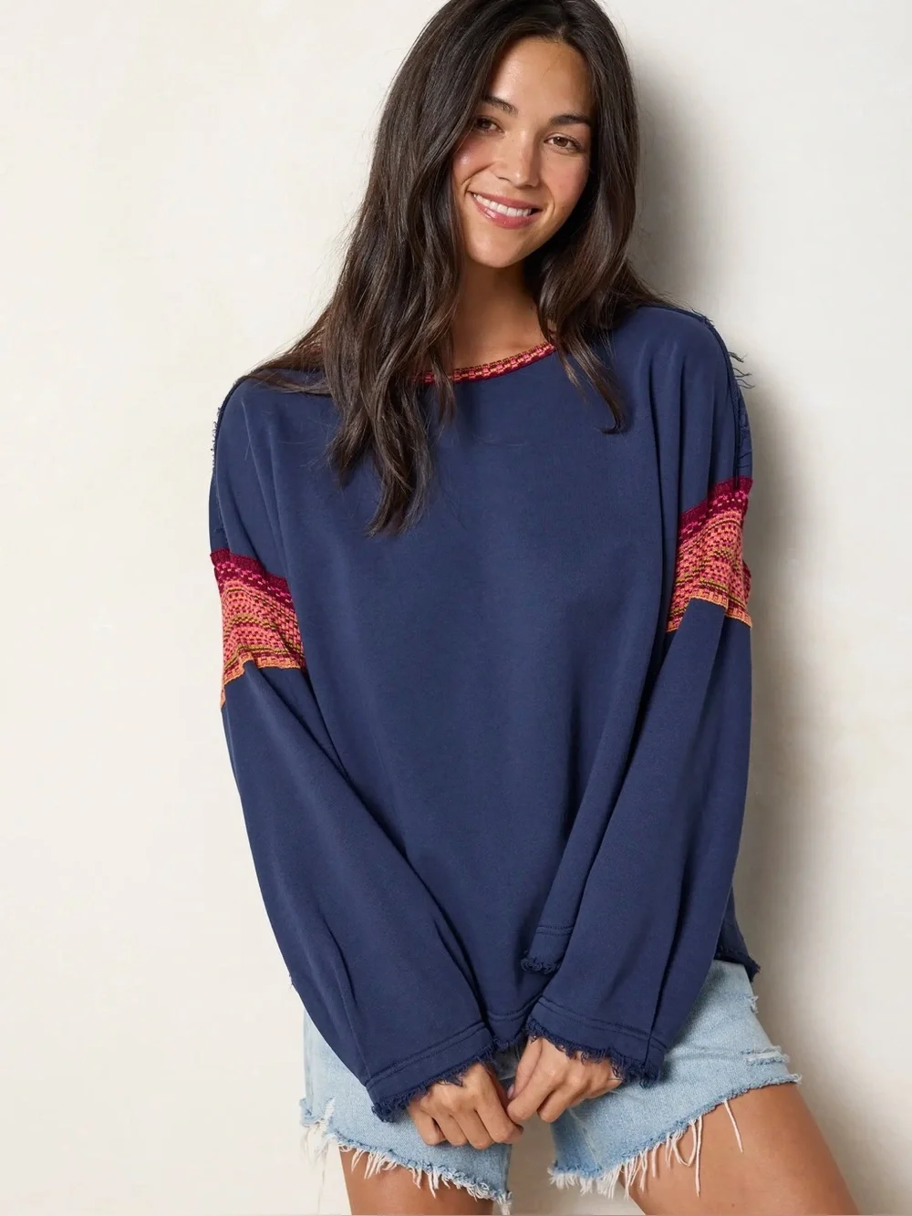 Natural Life Knit Trim Sweatshirt Large / XL navy boho oversized lightweight - Picture 3 of 11